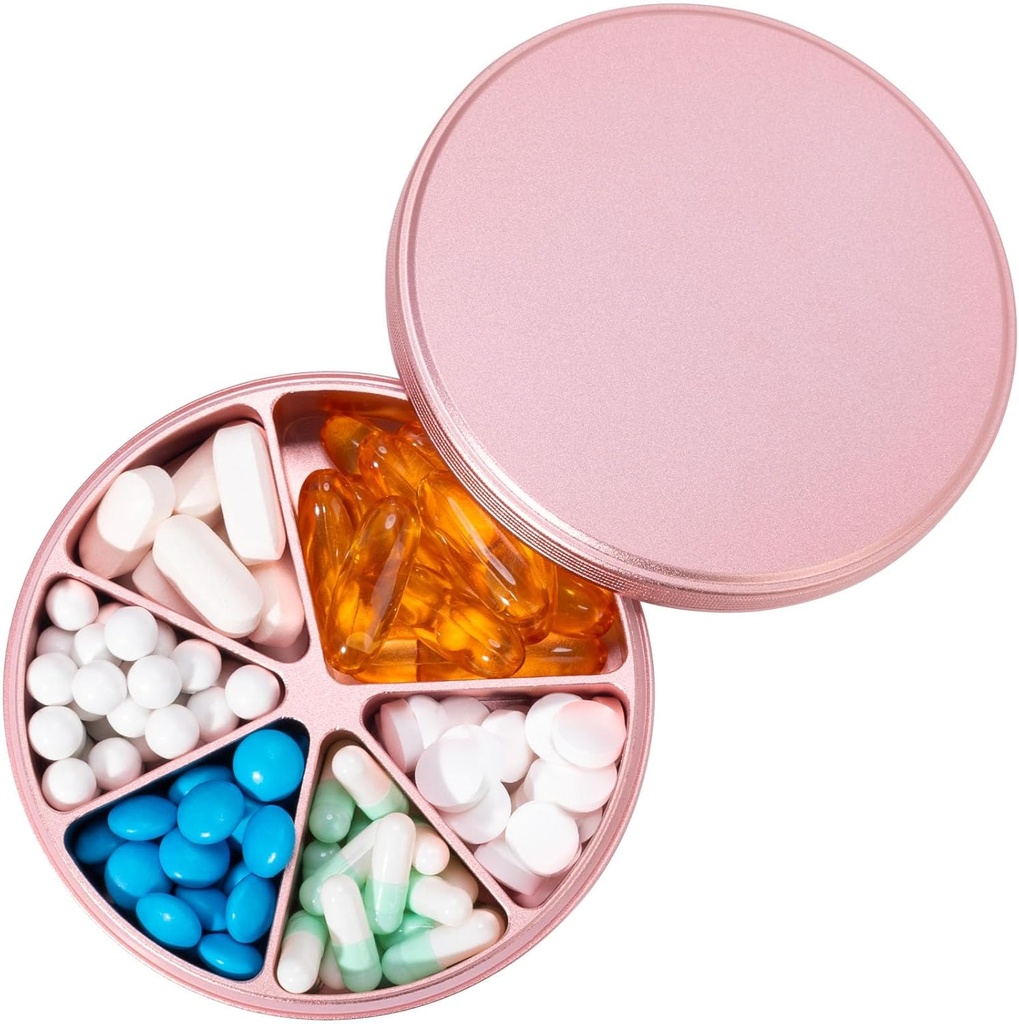 Pill Organizer 6 Διαμερίσματα Pill Dispenser - Heavy Duty Metal Daily Pill Container, Daily Pill Box Hill Holder, Αδιάβροχη φαρμακευτική περίπτωση για την ιατρική συμπλήρωμα βιταμίνης Fish Oils, 0,38lb, ροζ