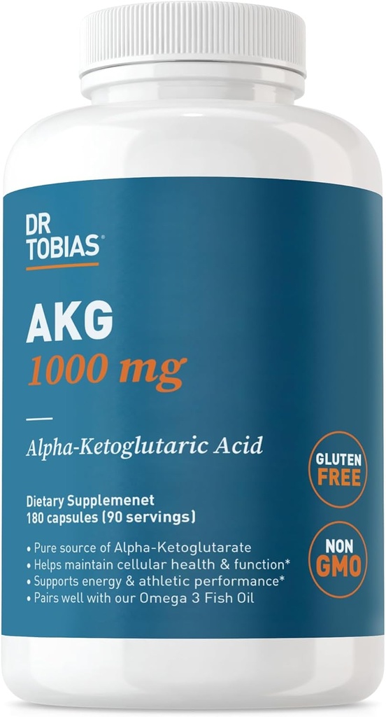 Dr. Tobias AKG συμπλήρωμα 1000mg ανά υπηρεσία, Bioδιαθέσιμο Άλφα Κετογλουταρικό οξύ, υποστηρίζει Κυτταρική Ενέργεια & Νιτρικό Οξείδιο ροής, Vegan, Χωρίς γλουτένη, Μη ΓΤΟ, 180 κάψουλες, 90 εξυπηρετούν