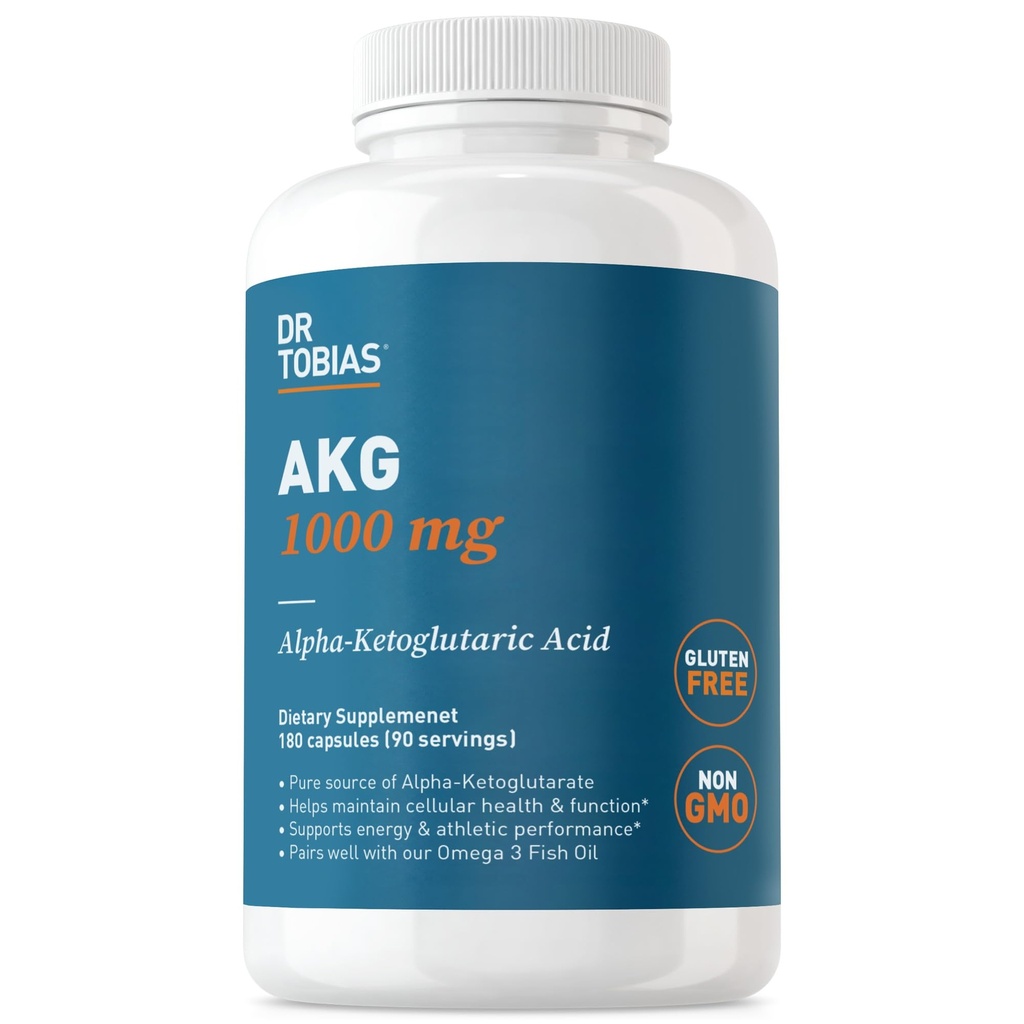 Dr. Tobias AKG συμπλήρωμα 1000mg ανά υπηρεσία, Bioδιαθέσιμο Άλφα Κετογλουταρικό οξύ, υποστηρίζει Κυτταρική Ενέργεια & Νιτρικό Οξείδιο ροής, Vegan, Χωρίς γλουτένη, Μη ΓΤΟ, 180 κάψουλες, 90 εξυπηρετούν