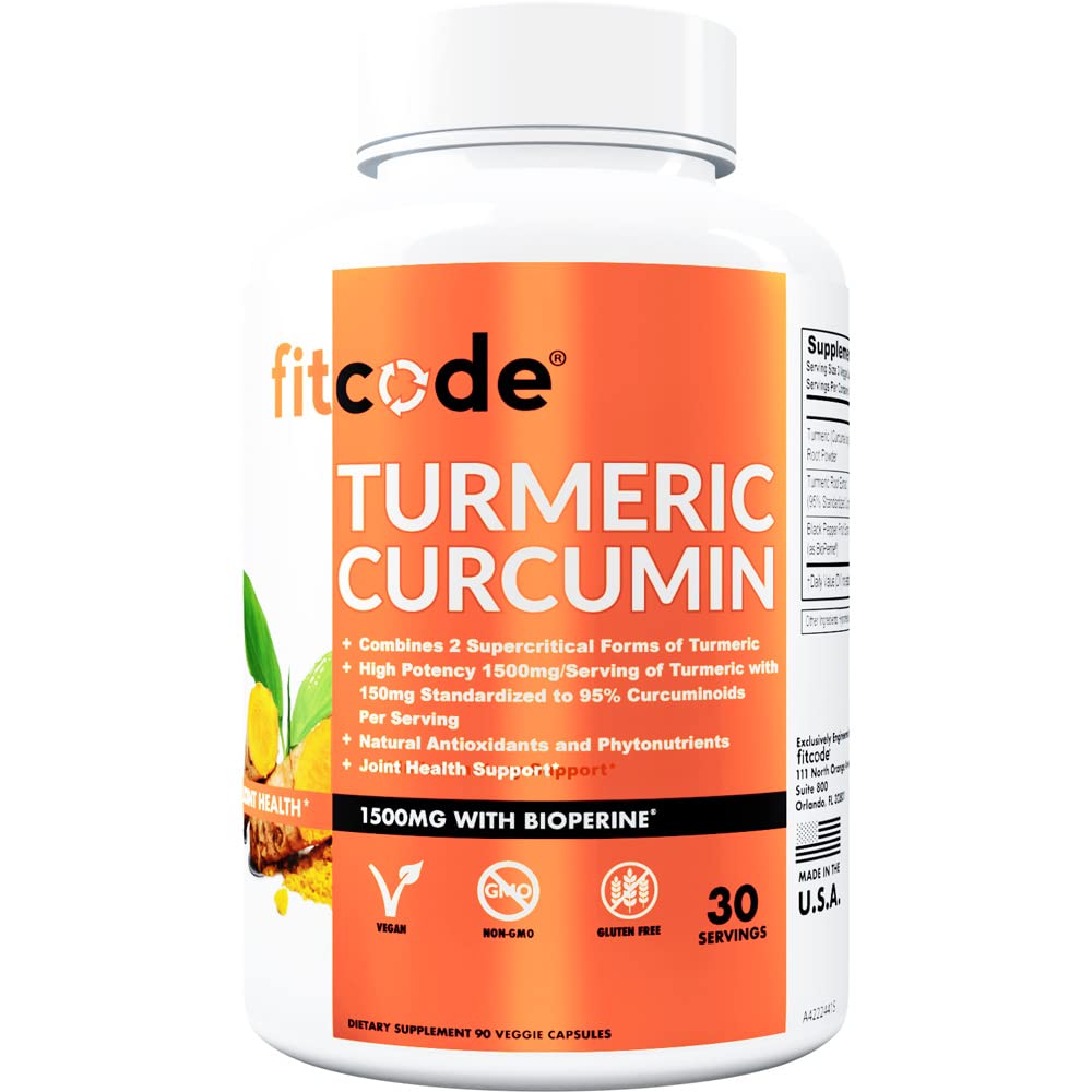 Fitcode Turmeric Curcumin με 95% Κουρκουμινοειδή, Υψηλότερη Ικανότητα, Μη ΓΤΟ, Χωρίς Γλουτένη, 1500mg Ultra-Pure Turmeric Curcumin με BioPerine για Ενισχυμένη Απορρόφηση, 30 κάψουλες Serving Veggie