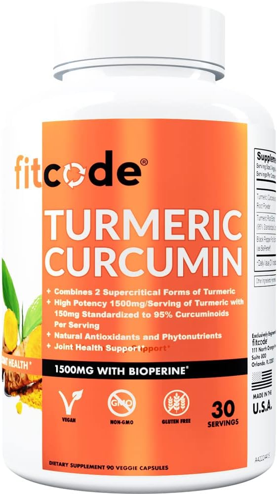 Fitcode Turmeric Curcumin με 95% Κουρκουμινοειδή, Υψηλότερη Ικανότητα, Μη ΓΤΟ, Χωρίς Γλουτένη, 1500mg Ultra-Pure Turmeric Curcumin με BioPerine για Ενισχυμένη Απορρόφηση, 30 κάψουλες Serving Veggie