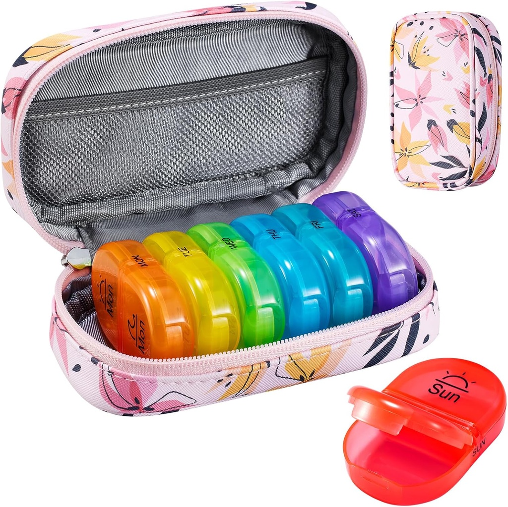 Serfeymi Weekly Travel Pill Organizer 2 φορές την ημέρα AM PM Αναβάθμιση Rainbow Pill Box 7 Ημέρα με Φορητό Zipper PU Δερμάτινη θήκη χάπι, Medicine Organizer για χάπια, βιταμίνες, ιχθυέλαια - ροζ 03