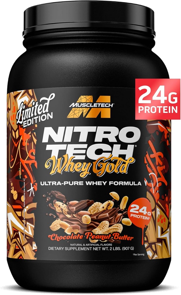 MuscleTech Whey Protein Powder (Σοκολικό Φυστικοβούτυρο, 2LB) - Nitro-Tech Whey Protein Isolate Smoothie Mix for Lean Muscle & Fast Recovery - 24g Whey Gold Protein for Women & Men - Χωρίς γλουτένη