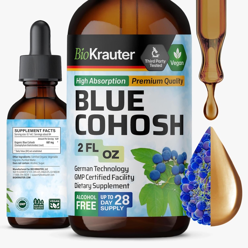 BIO KRAUTER® Συμπληρώματα εμμηνόπαυσης για γυναίκες* - Μπλε Βάμμα Cohosh 2 Fl.Oz 28 Ημέρες Προμήθειας - Vegan Blue Cohosh Extract για Εμμηνόπαυση Υποστήριξη - Αλκοόλ & Ζάχαρη Χωρίς - Χαλάρωση & Γυναικεία Ευεξία