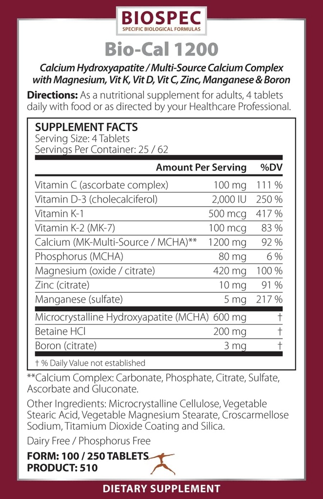 Bio-Cal 1200 – Superior Bone Support Complex w/ MCHA, Βιταμίνη D3, Βιταμίνη K2 (MK-7), Μαγνήσιο, Ψευδάργυρο και άλλα θρεπτικά συστατικά