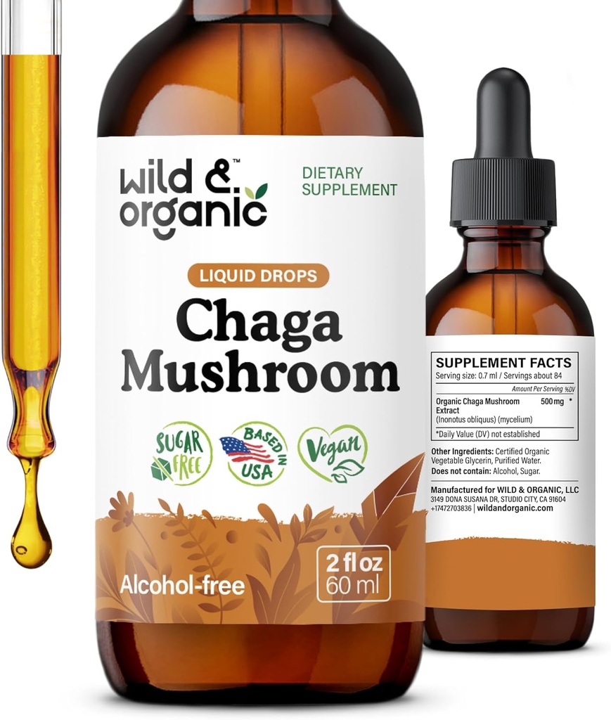 Άγρια & οργανική απόχρωση μανιταριών Chaga - Ανοσοποιητική υποστήριξη με υγρό εκχύλισμα μανιταριών Chaga - συμπλήρωμα Dropψεων ανοσίας - Vegan, ζάχαρη & αλκοόλ-ελεύθερο - 2 fl oz