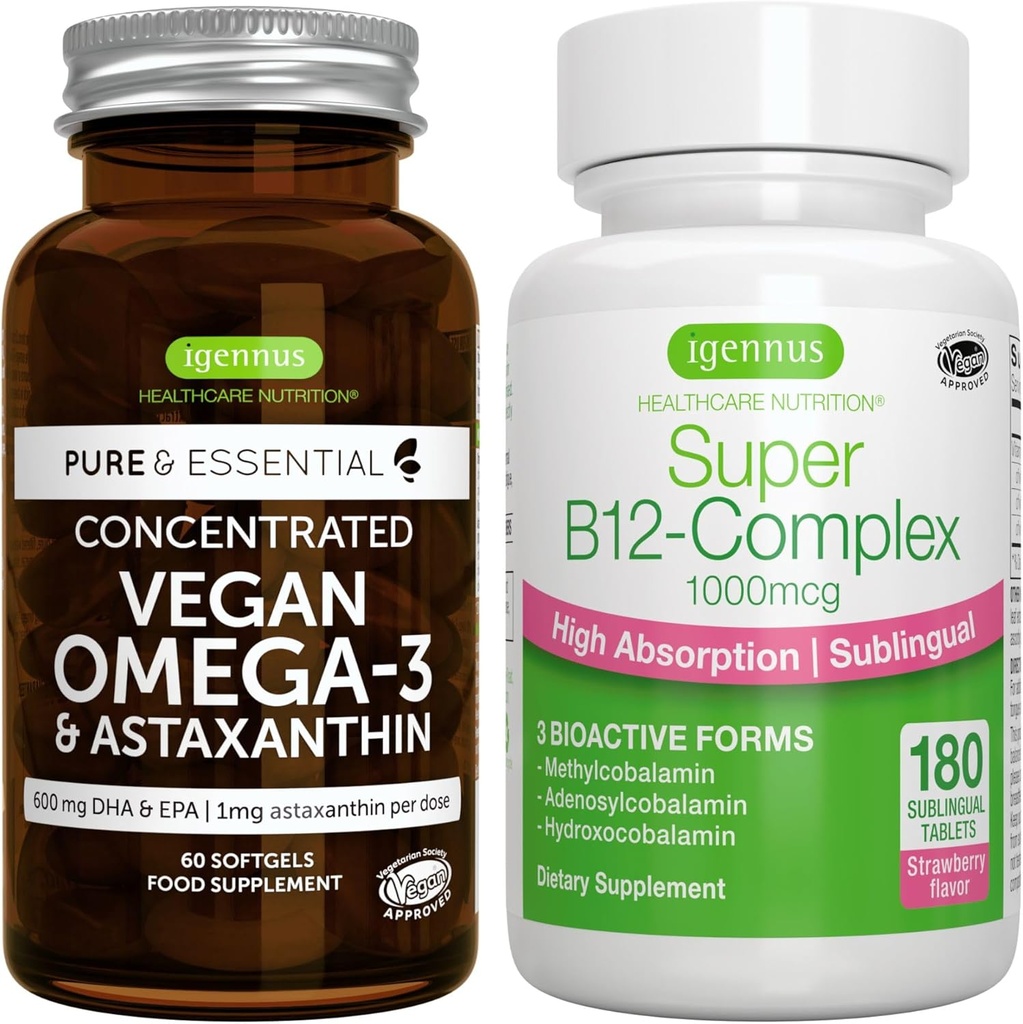 Vegan Omega-3 + Super B12-Complex 1000mcg Vegan Bundle, Sustainable EPA & DHA Algae Oil 1340mg + Υψηλή Απορρόφηση Υπογλώσσια Βιταμίνη B12 Με Μεθυλοκοβαλαμίνη, Αδενοσυλοκοβαλαμίνη & Υδροξοκοβαλαμίνη, από I