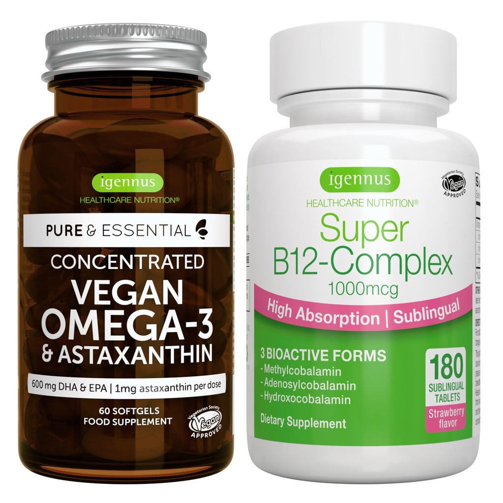Vegan Omega-3 + Super B12-Complex 1000mcg Vegan Bundle, Sustainable EPA & DHA Algae Oil 1340mg + Υψηλή Απορρόφηση Υπογλώσσια Βιταμίνη B12 Με Μεθυλοκοβαλαμίνη, Αδενοσυλοκοβαλαμίνη & Υδροξοκοβαλαμίνη, από I
