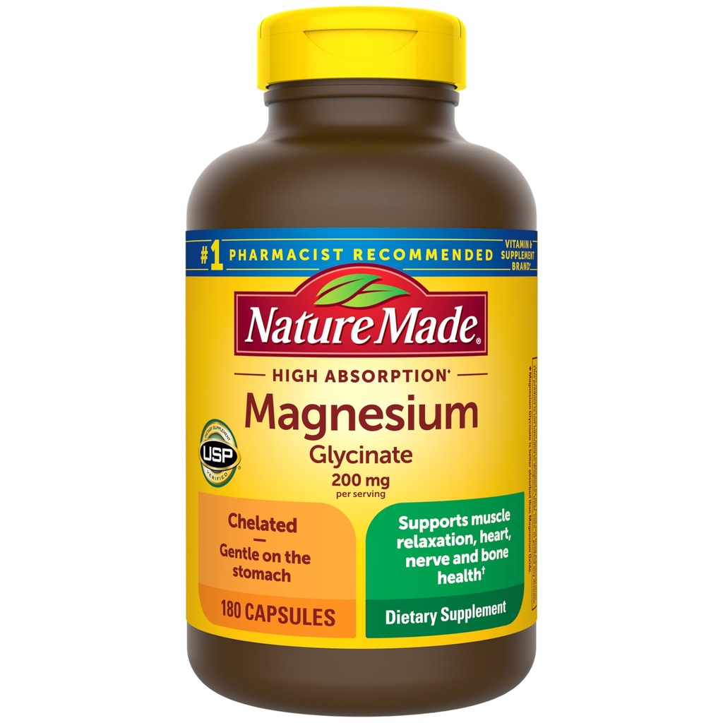 Nature Made Magnesium Glycinate 200 mg ανά μερίδα, Magnesium Supplement for Muscle, Heart, Nerve and Bone Support, 180 Magnesium Bisglycinate Caps, 90 Day Supply