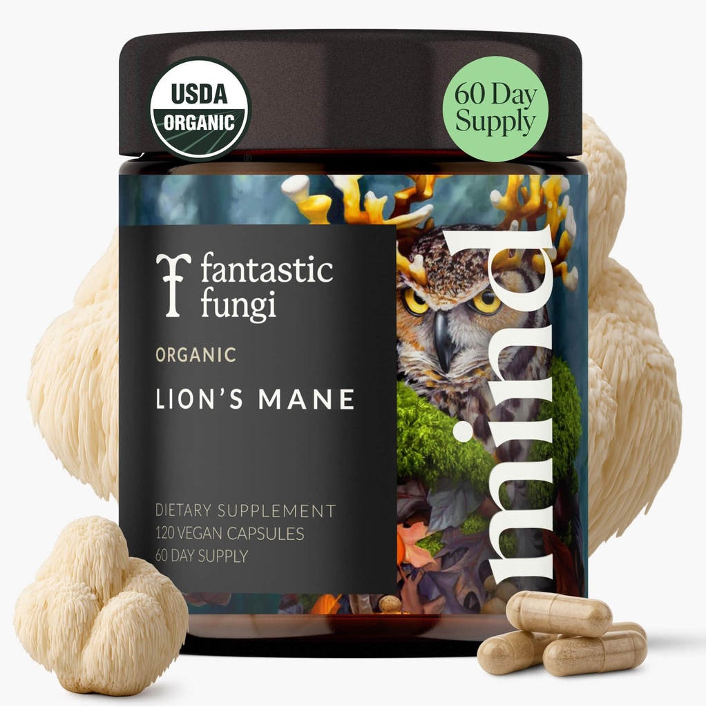 Lions Mane Συμπληρώματα κάψουλες, Mane Mushroom συμπλήρωμα για τη μνήμη, Focus & Mood υποστήριξη, Adaptogen Λειτουργικό Mushrooms Extract - 100% USDA Organic, Vegan- Γυάλινο Βαζάκι, 120 Caps, 2 Μήνες προσφοράς