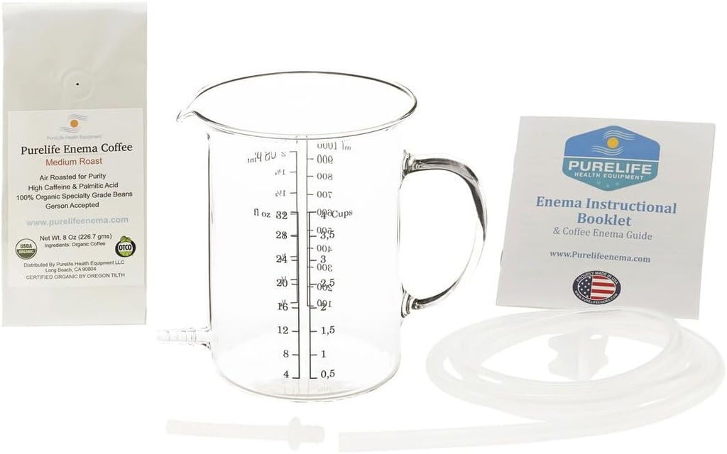 Purelife Kinema Coffee Kit - 1 Qt μη τοξικό γυαλί Kenema Bucket - για τον καθαρισμό του παχέος εντέρου - Home Knemas - Liver Detox για θεραπεία Gerson - 1/2 Lb Organic Kinema Coffee - Lab Tested