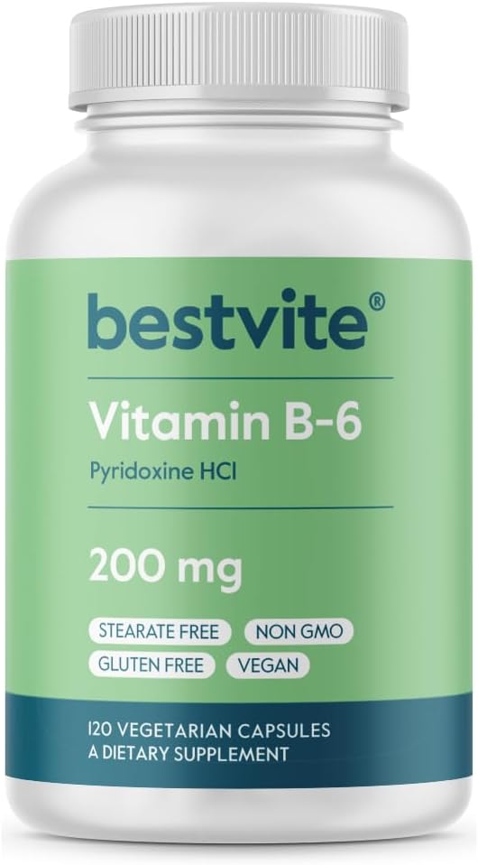 BESTVITE Βιταμίνη B-6 200mg (120 κάψουλες χορτοφαγικής) - Χωρίς Stearates - Χωρίς παράγοντες ροής - Vegan - Μη ΓΤΟ - Χωρίς γλουτένη