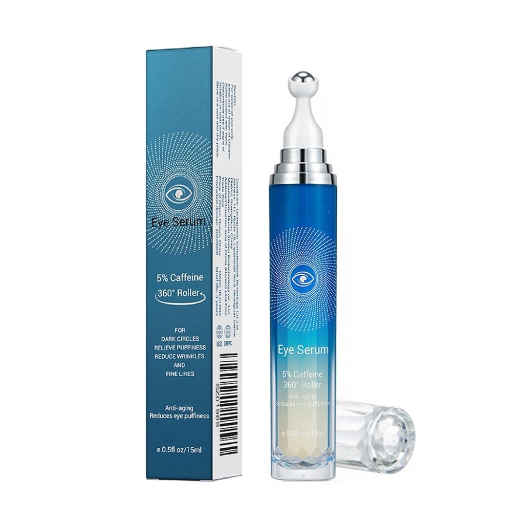 5% Caffeine Eye Serum, Anti-Aging Under Eye Roller Cream for Dark Circles Puffiness Wrinkles and Fine Lines, Korean EyeCare Cream with 360°Massage Ball, EyeBags Treatment for Men and Women