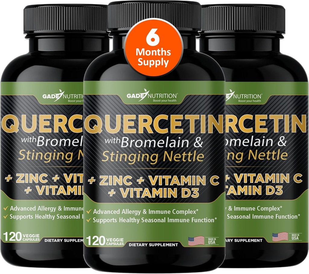 Διατροφή Gade Quercetin με βιταμίνη C, ψευδάργυρος & Stinging Νετλ - Νετλ Quercetin - Quercetin 500mg - Quercetin με Bromelain - ψευδάργυρος Quercetin + Βιταμίνη D3-360 Veggie Caps - 6 Μήνες Προσφορά