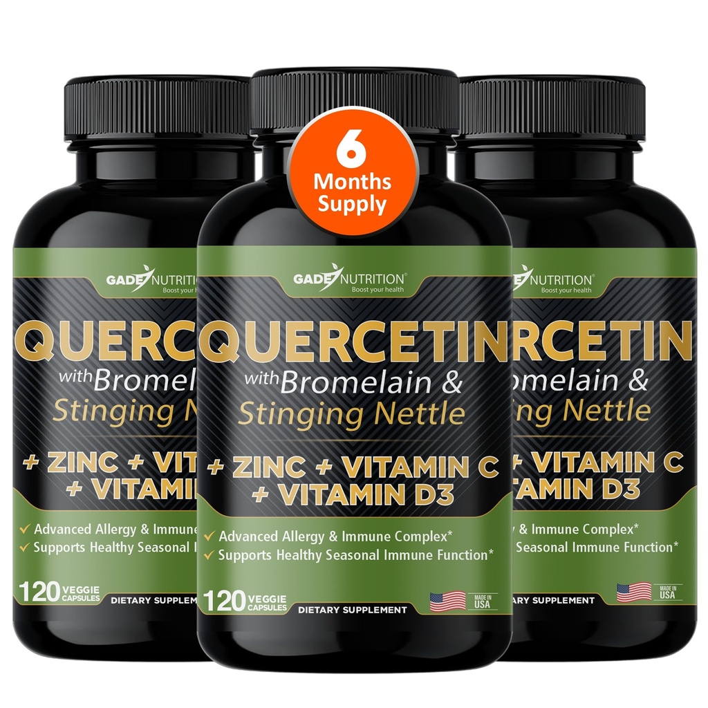 Gade Nutrition Quercetin with Bromelain Vitamin C and Zinc + Stinging Nettle | Immune Support Supplement 500mg Capsules | Non-GMO | Made in USA | 6 Month Supply