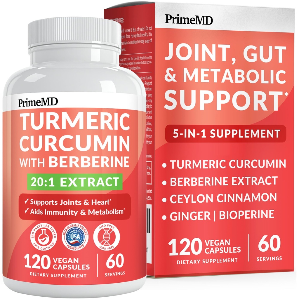 5-in-1 Organic Turmeric Curcumin Supplement (4210mg) with Berberine, Ceylon Cinnamon Bioperine and Ginger Supplements for Joint, Heart, Gut, & Metabolic Support (60 Servings)