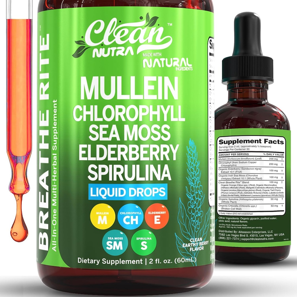Clean Nutra Mullein Drops for Lungs Organic Chlorophyll Liquid Irish Sea Moss, Spirulina, Licorice, Tart Cherry Lobelia, Motherwort & Elderberry Mullein Leaf Extract Tincture Men Women Supplement