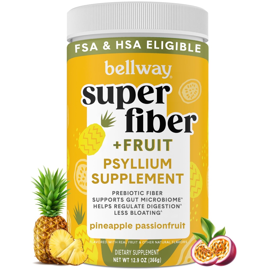 Bellway Super Fiber Powder + Φρούτα, Χωρίς ζάχαρη Βιολογικό Psyllium Husk Fiber συμπλήρωμα για την κανονικότητα, Bloating Relief & Digestive Health, Plant-based, Ανανάς Πάθος Φρούτα (50 εξυπηρετούν)
