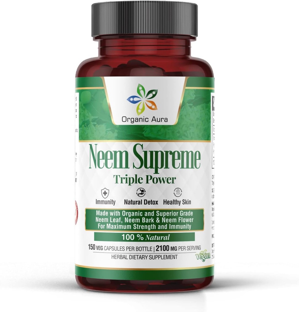 Οργανικές κάψουλες Aura Neem Supreme. 150 κάψουλες Veg. Τρίκλινο Συγκρότημα - Max Strength Pure High-Potency Azadirachta Indica Καψάκιο. Φυσικό Αντιοξειδωτικό, Υγεία του δέρματος, Αφθονία Υποστήριξη Ανοσίας.