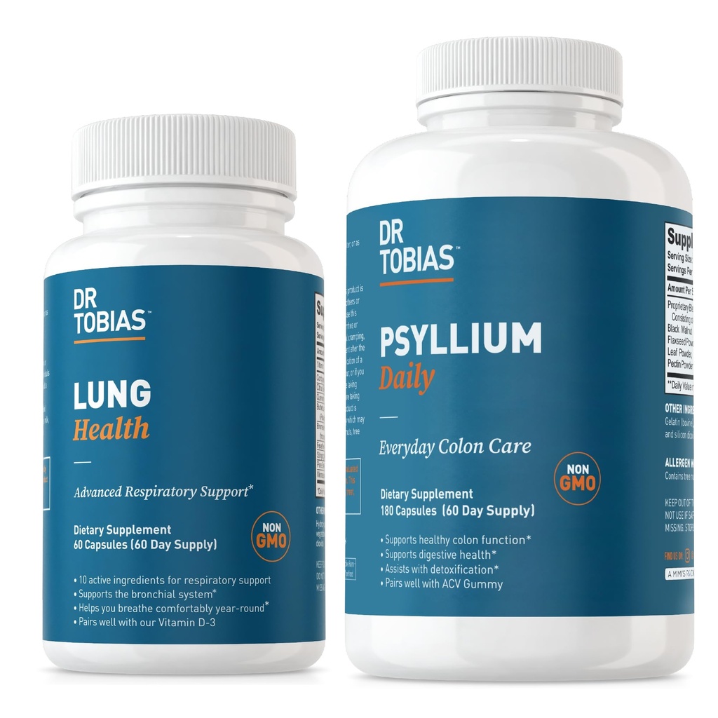 Dr. Tobias Lung Health & Psyllium Daily Supplements, Lung Cleanse & Detox Formula, Υποστηρίζει υγιεινές κινήσεις του εντέρου με το Psyllium Husk, βιταμίνη C, Butterbur, Quercetin, Daily Fiber και Lung Συμπλήρωμα