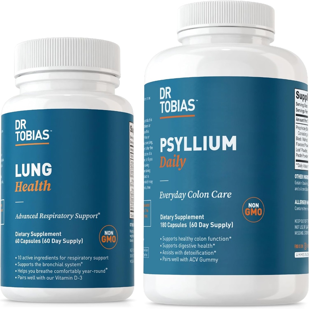 Dr. Tobias Lung Health & Psyllium Daily Supplements, Lung Cleanse & Detox Formula, Υποστηρίζει υγιεινές κινήσεις του εντέρου με το Psyllium Husk, βιταμίνη C, Butterbur, Quercetin, Daily Fiber και Lung Συμπλήρωμα