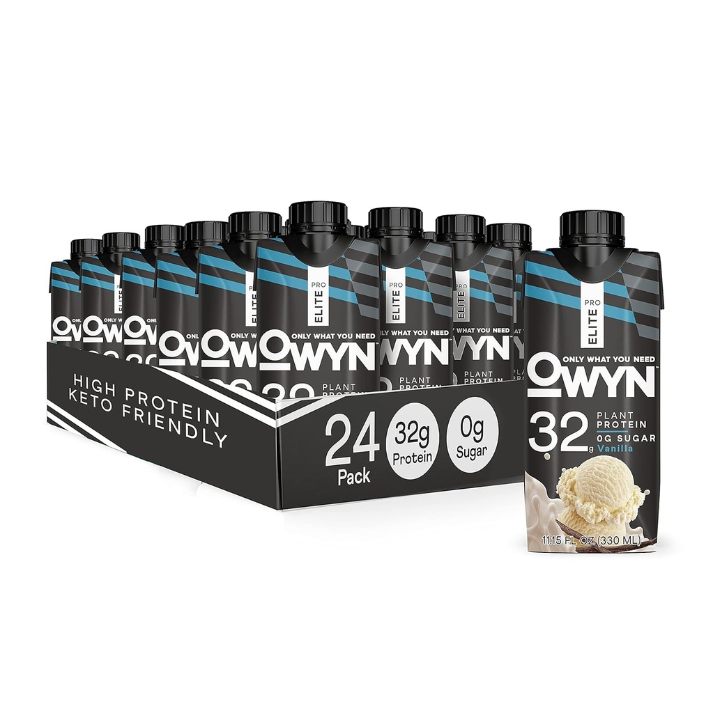 OWYN Pro Elite Vegan Plant-based High Protein Shake, Βανίλια, 24-Pack, 32g Πρωτεΐνη φυτών, Πρεβιοτικά, Superfoods Πράσινα για την προπόνηση και την αποκατάσταση, 0g Καθαρά υδατάνθρακες, Zero Sugar, Keto (24 Pack)