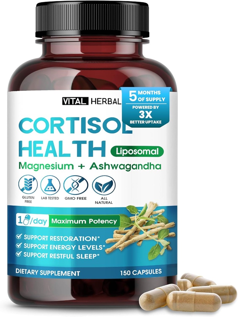 VITAL HERBAL Cortisol Health Supplement - Liposomal Magnesium with Ashwagandha L-Theanine St. John's Wort - Maximum Potency - Support Restoration, Strength - Made in The USA