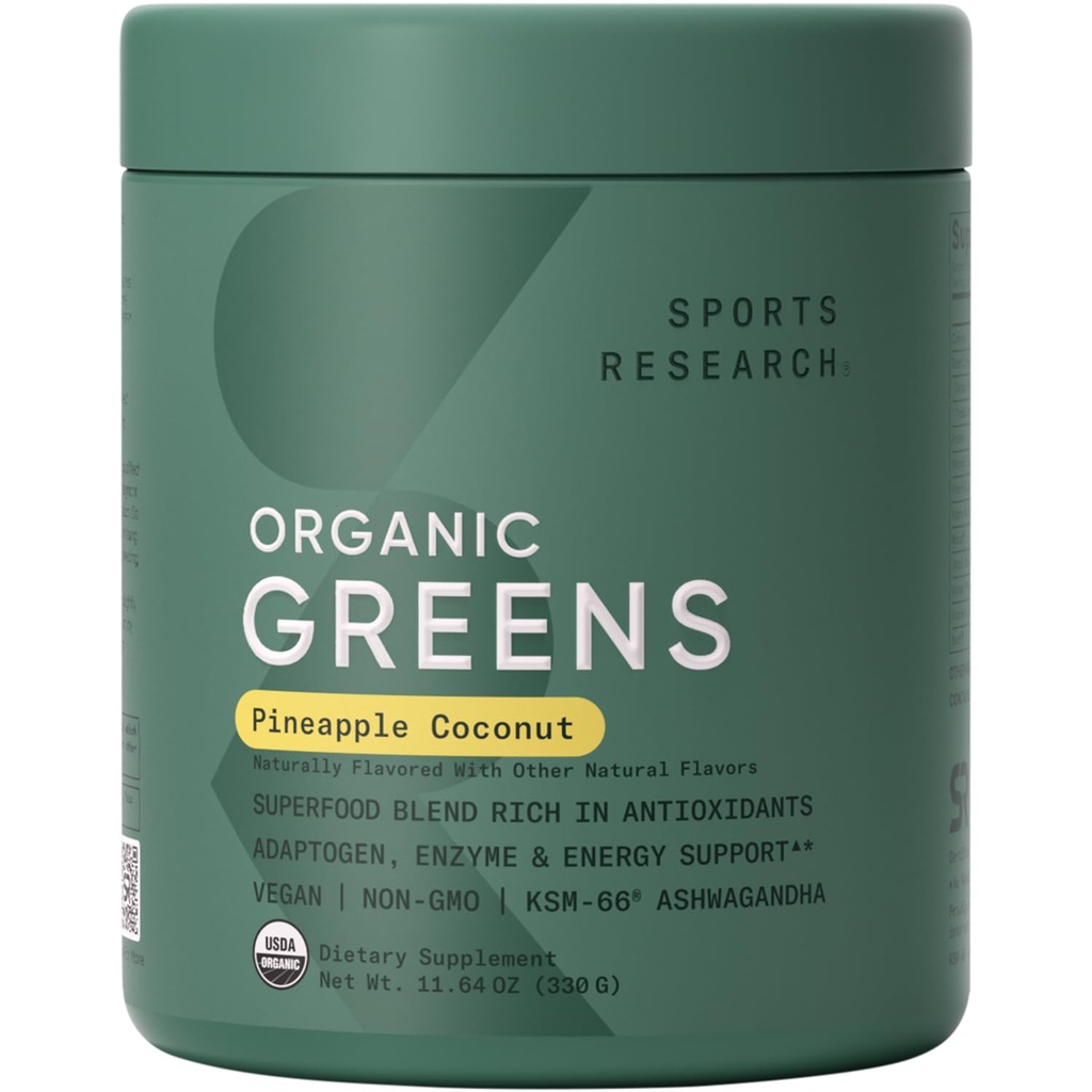 Sports Research® Organic Greens Superfood Powder w/Spirulina, Chlorella, Adaptogens, Enzymes, Probiotics & 8 VIT Bs για την υποστήριξη των ορνίθων και της διάθεσης* - Vegan, Sugar-Free & Low-Cal Pineapple Coconut 30 Σερβιέτες