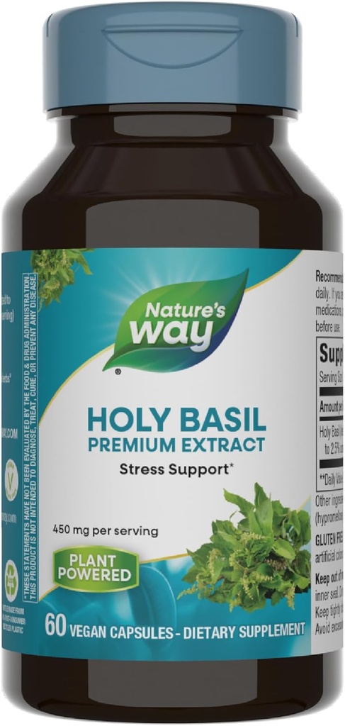 Τρόπος της φύσης Holy Basil Premium Extract, Υποστήριξη στρες*, Adaptogenic Herb*, 450 mg ανά υπηρεσία, 60 Vegan Κάψουλες (Packaging May Vary)