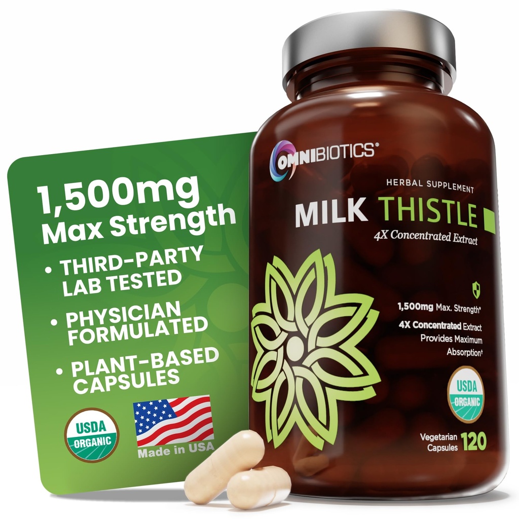 OmniBiotics Organic Milk Thistle Supplement 1500mg – 4X Concentrated Extract with Silymarin – High Potency Liver Detox & Support – 120 Vegan Capsules