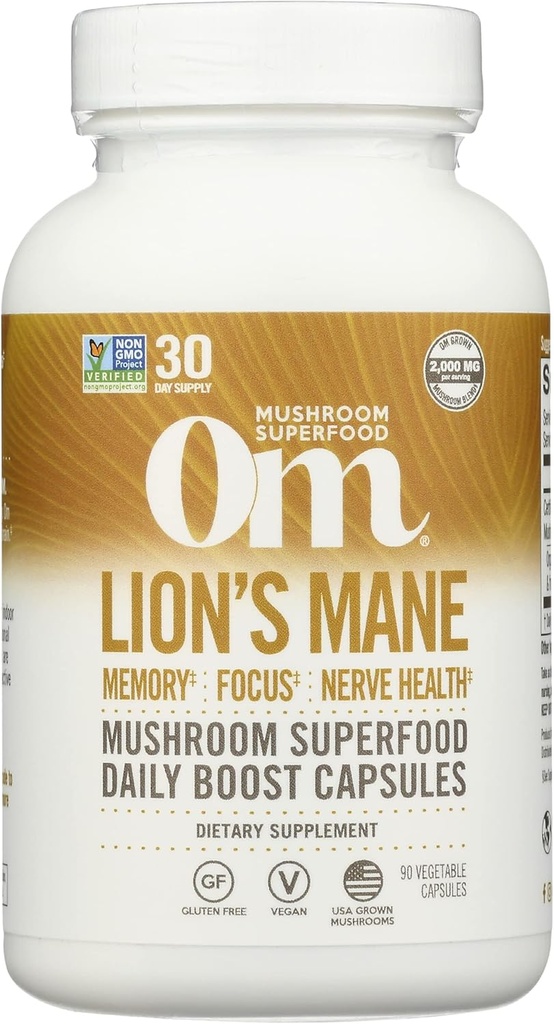 Om Mushroom Superfood Lion's Mane Mushroom Caps Supplement, Fruit Body & Mycelium Nootropic for Memory Support, Focus, Clarity, Nerve Health, Creativeity & Mood, 90 Κάψουλες