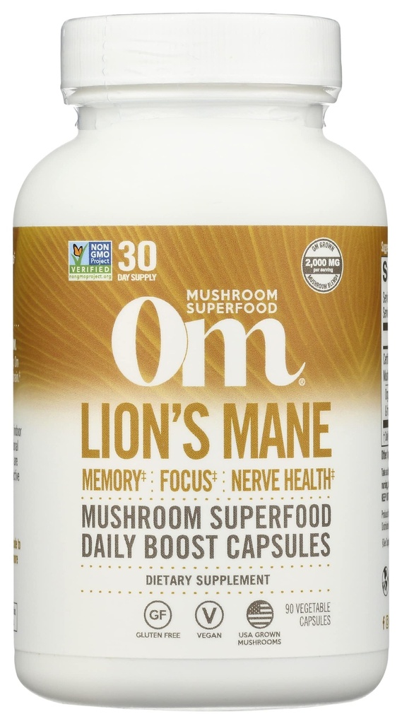 Om Mushroom Superfood Lion's Mane Mushroom Caps Supplement, Fruit Body & Mycelium Nootropic for Memory Support, Focus, Clarity, Nerve Health, Creativeity & Mood, 90 Κάψουλες