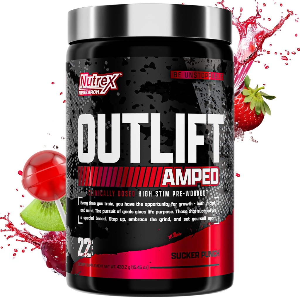 OUTLIFT Amped Max Dosed HIGH STIM Pre Workout Powder, 6G Citrulline, 3.2G Beta Alanine, Alpha GPC, CognatiQ, Extreme Energy, Μαζικές Αντλίες, Δύναμη, Ηλεκτρολύτες, Nootropics, Fruit Punch, 22 Υπηρεσίες