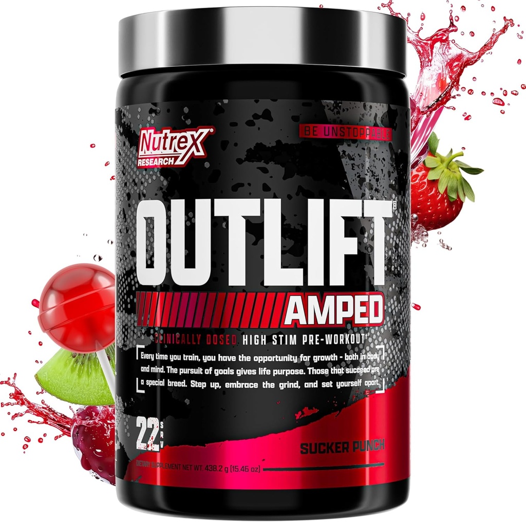 OUTLIFT Amped Max Dosed HIGH STIM Pre Workout Powder, 6G Citrulline, 3.2G Beta Alanine, Alpha GPC, CognatiQ, Extreme Energy, Massive Pumps, Strength, Electrolytes, Nootropics, Fruit Punch, 22 Servings