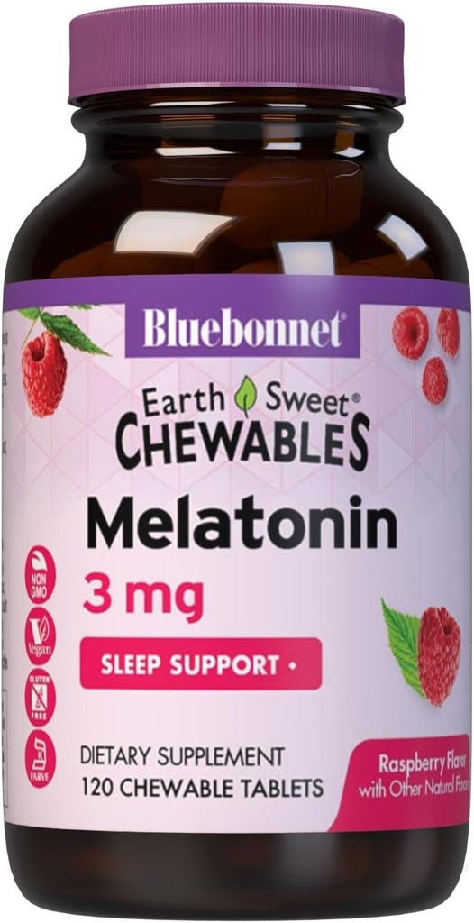 Bluebonnet Nutrition EarthSweet Melatonin 3 mg Γρήγορη Διαλύοντας τη Νύχτα Χαλάρωση & Ξεκούραστη Υποστήριξη Ύπνου - Βοήθεια ύπνου - Χωρίς γλουτένη, Vegan - Βατόμουρο Γεύση - 120 Μασώμενα Δισκία