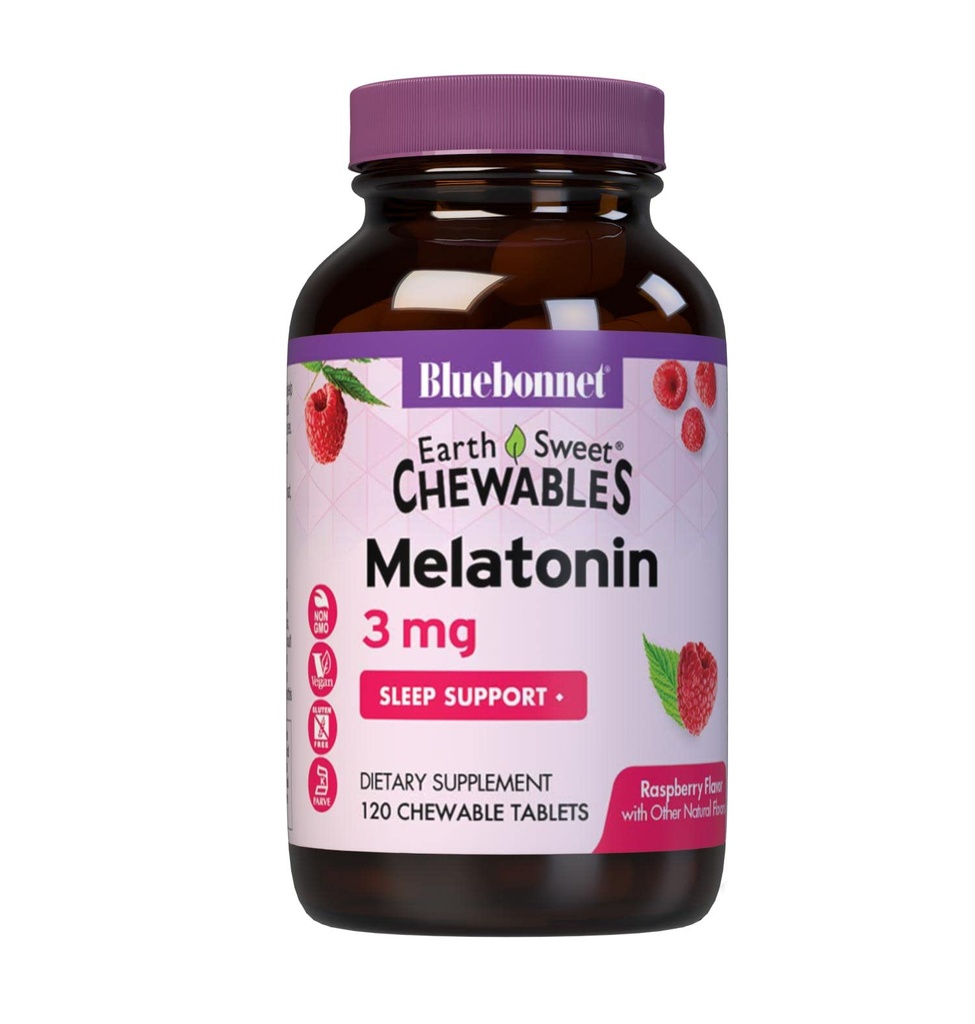 Bluebonnet Nutrition EarthSweet Melatonin 3 mg Γρήγορη Διαλύοντας τη Νύχτα Χαλάρωση & Ξεκούραστη Υποστήριξη Ύπνου - Βοήθεια ύπνου - Χωρίς γλουτένη, Vegan - Βατόμουρο Γεύση - 120 Μασώμενα Δισκία