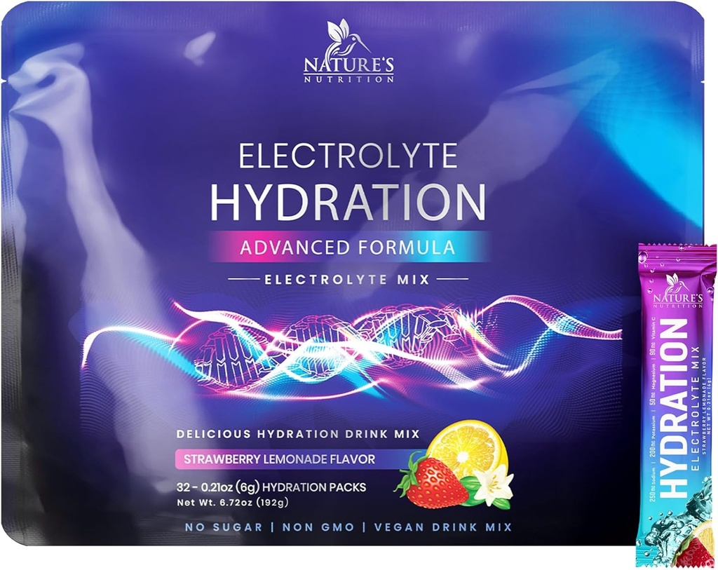 Ηλεκτρολυτές Ενυδάτωσης - Keto Recovery Powder με Κάλιο, Μαγνήσιο, Νάτριο, Ψευδάργυρο & Βιταμίνη C, Ζάχαρη-Δωρεάν, Ενυδάτωση Ηλεκτρολύτη Υγρό Ποτό Μίκτες, Vegan, Φράουλα Λεμόνι (32 Pack)
