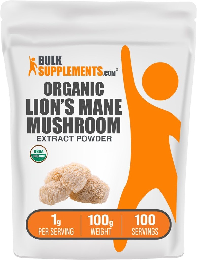 BulkSupplements.com Βιολογικό Mane Mushroom Extract Powder - Lions Mane Supplement Powder, Superfood for Well-Being - Vegan, 1g per Serving, 100g (3.5 oz) (Pack of 1)
