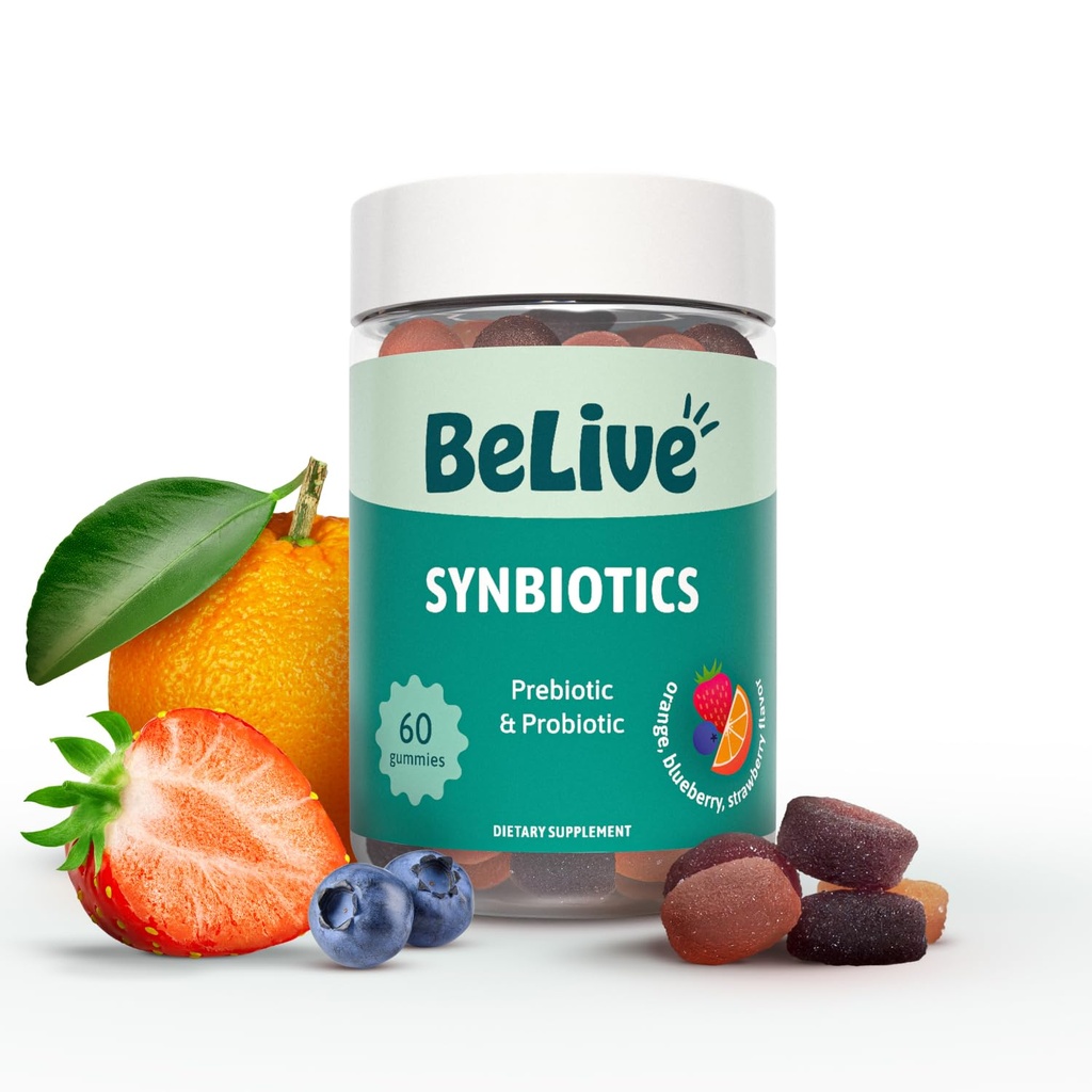 Belive Synbiotics - Probiotic & Prebiotic Fiber Gummies – Υψηλής Δύναμης Ινουλίνη (3g), Συμπλήρωμα Διαιτητικής Ίνας, Digestive Υποστήριξη για Παιδιά & Ενήλικες - Φράουλα, Λεμόνι, Βατόμουρο Γεύση (60Ct)