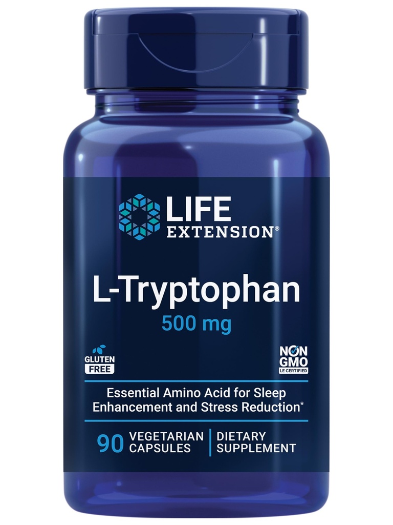 Επέκταση ζωής L-Tryptophan, 500 mg, Ενθαρρύνει υγιή επίπεδα σεροτονίνης και προάγει υγιή ύπνο, διάθεση, αντίδραση & κορεσμός στρες, χωρίς γλουτένη, μη ΓΤΟ, χορτοφάγους, 90 κάψουλες