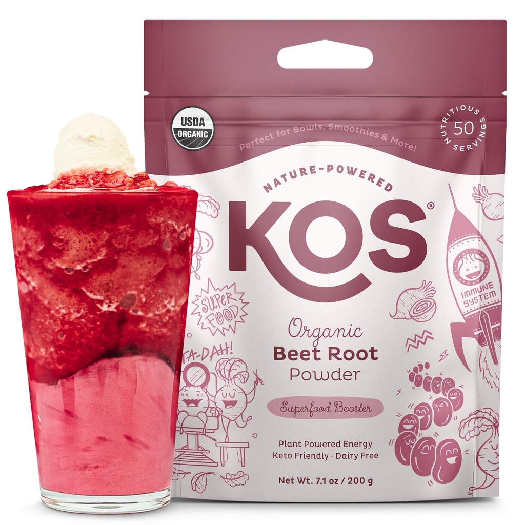 KOS οργανική σκόνη ρίζας τεύτλων, USDA Certified - Superfood Plant Based Beetroot Ingredient for Stamina Aυξάνεται, Κυκλοφορία - Μη-ΓΤΟ, Σόγια & Γλουτένη-Free, 50 Τσάντα υπηρεσιών