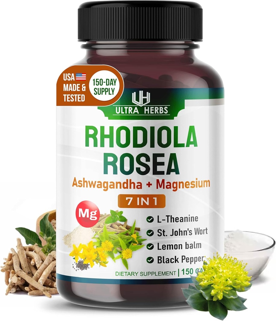Rhodiola Rosea συμπλήρωμα Εμπλουτισμένο με Ashwagandha, Μαγνήσιο, L-Θεανίνη, St. John's Wort, Lemon Balm - Υποστήριξη Mood, Sleeps Quality, and Mental Focus 150 κάψουλες