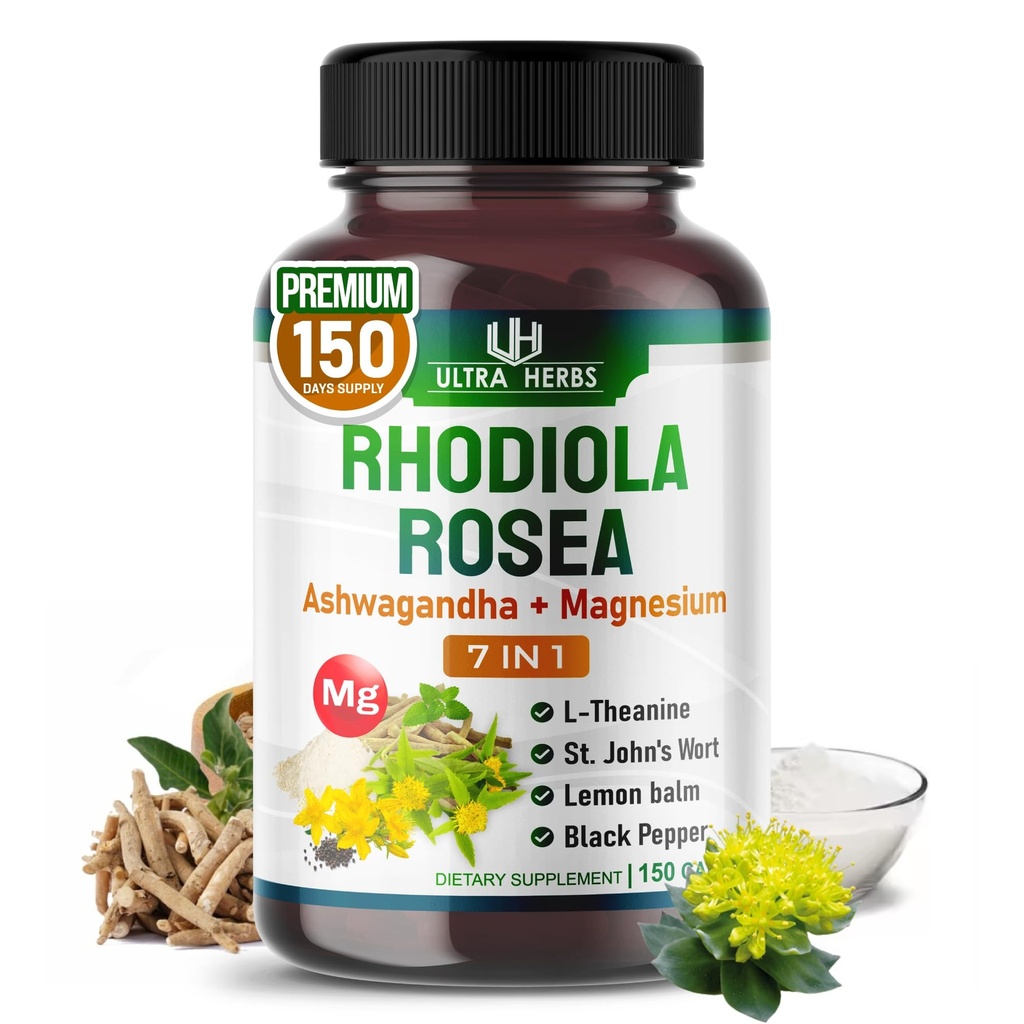 Rhodiola Rosea συμπλήρωμα Εμπλουτισμένο με Ashwagandha, Μαγνήσιο, L-Θεανίνη, St. John's Wort, Lemon Balm - Υποστήριξη Mood, Sleeps Quality, and Mental Focus 150 κάψουλες
