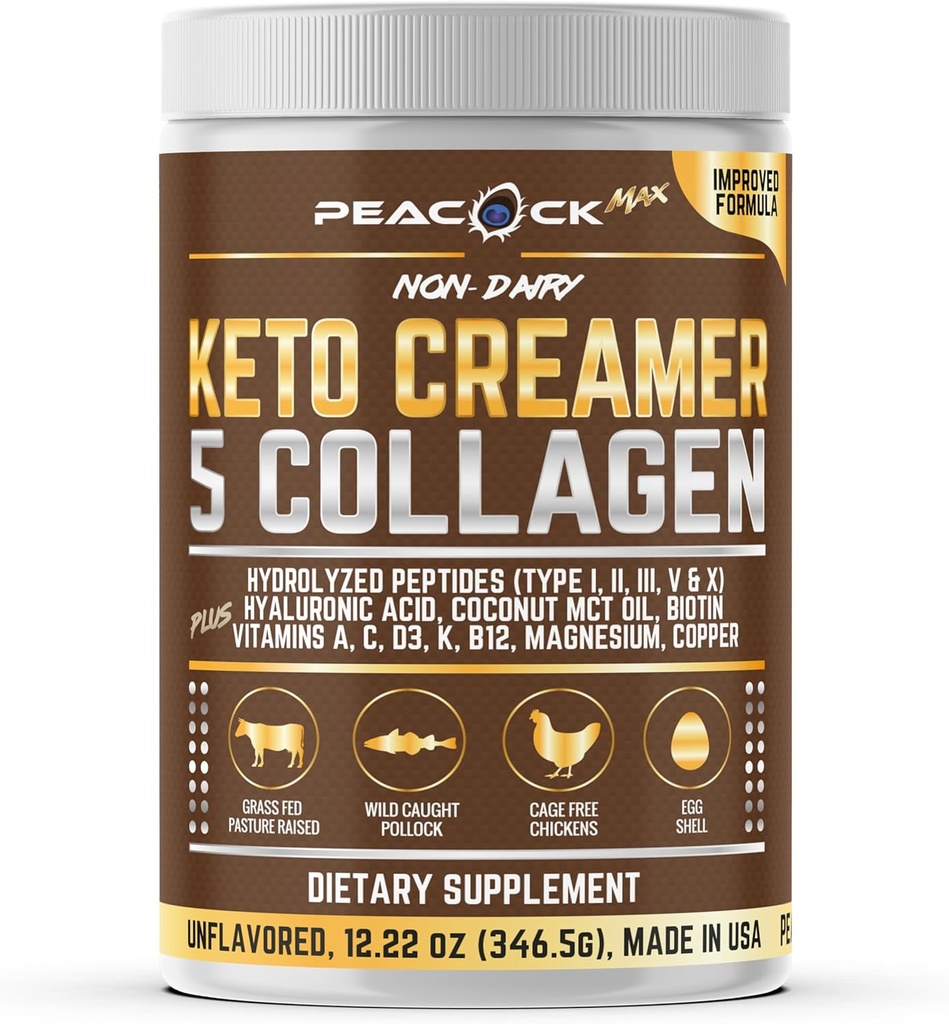 Collagen Keto Coffee Creamer σε σκόνη 12.2 oz - Υδρολυμένα κολλαγόνο Πεπτίδια με λάδι καρύδας MCT, B12, Μαγνήσιο, Άγευστη πρωτεΐνη σε σκόνη, Χωρίς ζάχαρη Κρέμα καφέ για Smoothies & Ψήσιμο