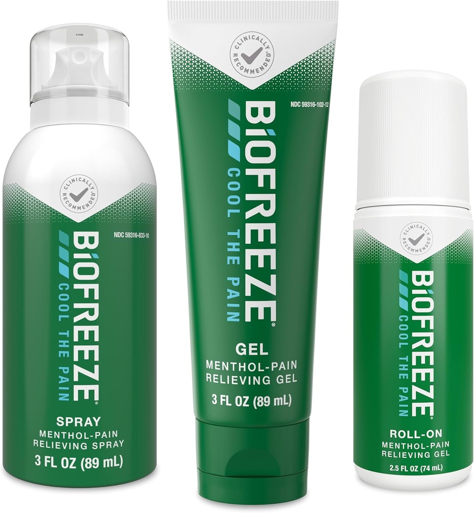 Biofreeze Pain Relief Roll-On 2.5 FL OZ, Gel 3 FL OZ, και Spray 3 FL OZ Variety Pack Topical Pain Reliever Για τους μυς και τις αρθρώσεις από την αρθρίτιδα, τον πόνο στην πλάτη, τις πληγές, τις μελανιές, τα διαστρέμματα (Package May Vary)