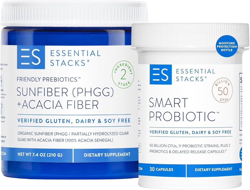 Ουσιώδη καύσιμα στοιβάδων Gut Bundle σας: Smart Probiotic (30 ct) + Φιλικά πρεβιοτικά (7.4 oz)