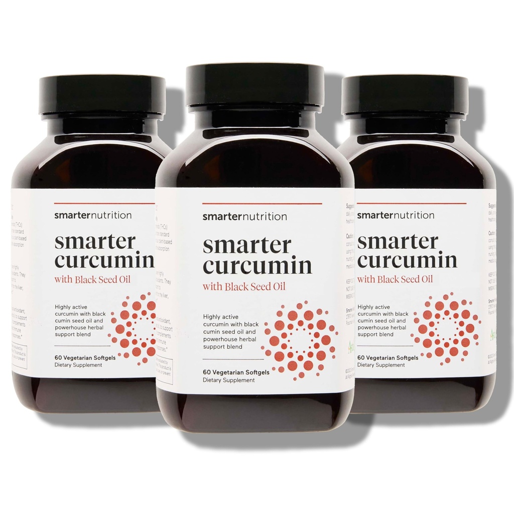 Smarter Nutrition Curcumin Softgels - Vegan Υψηλή απορρόφηση 400 mg συμπλήρωμα κουρκουμίνης Τυποποιημένο σε 95% Τετραϋδροκουρκουμινοειδή + Μαύρο Έλαιο Σπόρου & Τζίντζερ για Κοινή & Ανοσοποιητική Υγεία - 180 Ct