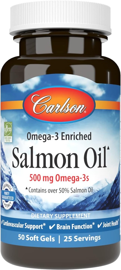 Λάδι σολομού Carlson, 500mg Ωμέγα-3s, Νορβηγικό ιχθυέλαιο άγριας κατανάλωσης, με βιώσιμη προέλευση, 50 Softgels