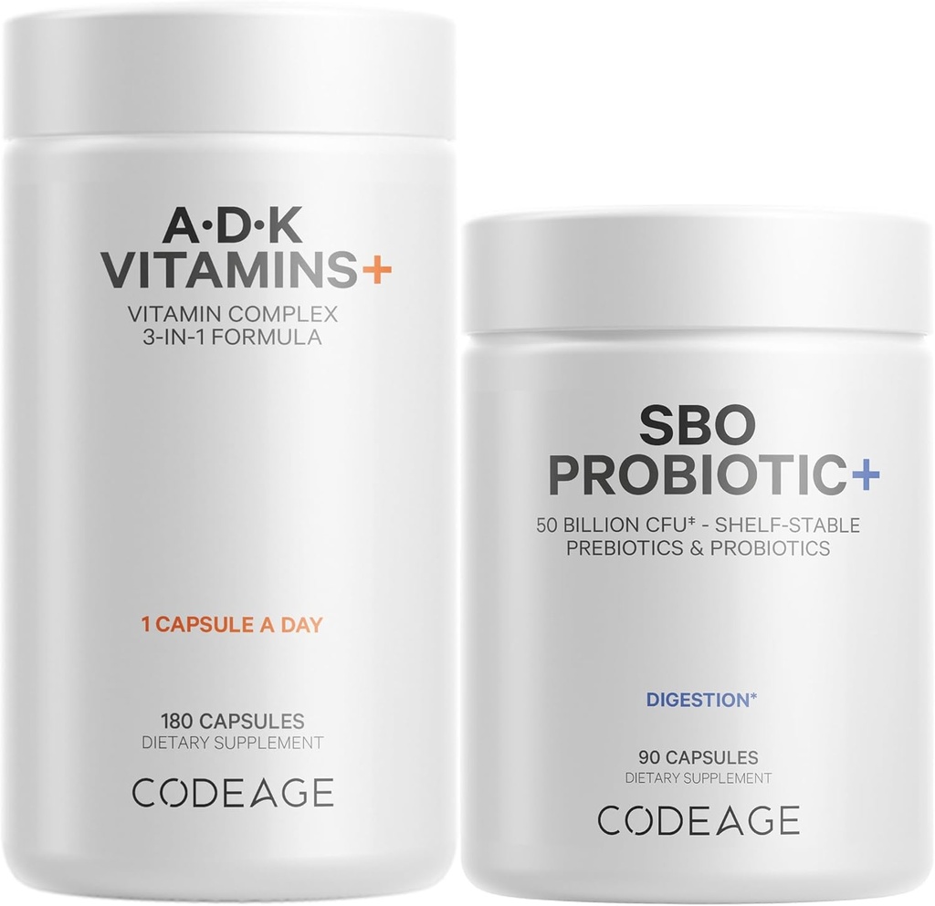 Codeage Daily ADK Vitamin & Probiotic Bundle – Vitamin A Retinyl Palmitate, Vitamin D3 Cholecalciferol, Vitamin K, 50 Billion CFU SBO Probiotic Blend, Non-GMO