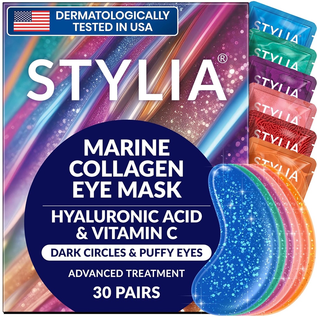 Stylia Collagen & Vitamin C Under Eye Patches for Puffy Eyes & Dark Circles - Depuffing, Hydrating & Firming Under Eye Mask with Hyaluronic Acid - Vegan, Cruelty-Free Skincare (30 Pairs)